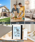 All In One Indoor Outdoor Thermometer And Hygrometer Weather Station With 330 Foot Wireless Remote Sensor Battery Powered And Backlit Display placed on a table, showing real-time temperature and humidity readings.