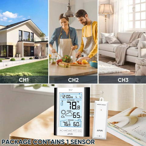 All In One Indoor Outdoor Thermometer And Hygrometer Weather Station With 330 Foot Wireless Remote Sensor Battery Powered And Backlit Display placed on a table, showing real-time temperature and humidity readings.