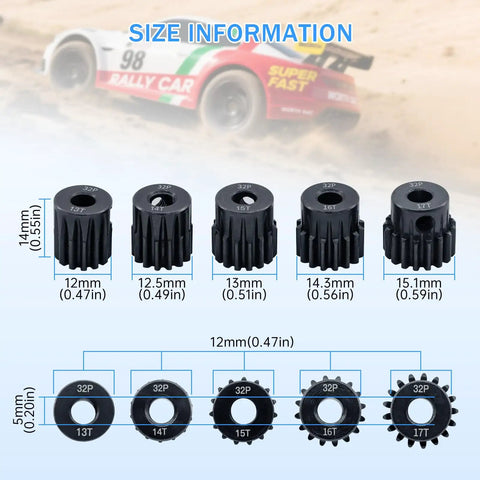 32P Hardened Steel Pinion Gear Set With Hex Key Screwdriver Built Tough For 1/8 RC Cars, 13T 14T 15T 16T 17T Teeth, 5mm Hole, Durable