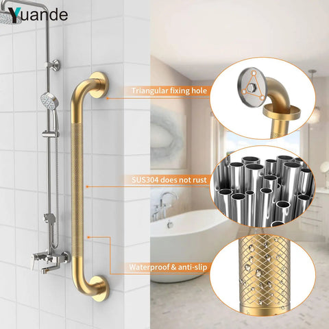4 Pack 24 Inch Shower Grab Bar Brushed Gold 304 Stainless Steel Heavy Duty Rock Solid Bath Bar 500lb Capacity mounted next to shower