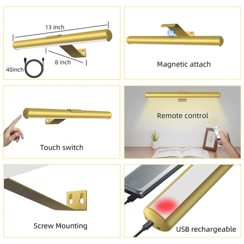 Diagram of Rechargeable Cordless Picture Light With Remote Control, highlighting size, magnetic mount, touch switch, and USB charging.