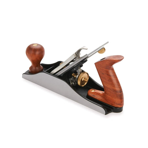 Pro Grade Number Four Bench Plane Built Like A Tank For Intense Shop Sessions Smooths Rough Boards Effortlessly with Bubinga handle.