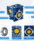High torque worm gearbox with steel worm and copper gear in blue aluminum housing for CNC automation.