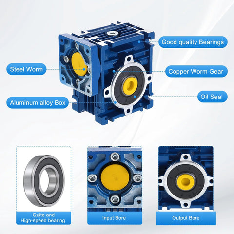 High torque worm gearbox with steel worm and copper gear in blue aluminum housing for CNC automation.