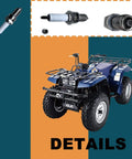 Must Have All In One Ignition Coil CDI Box And Spark Plug Set For ATV Yamaha Big Bear 350 1996 1999 Replacement Parts Includes Coil CDI Unit And Spark Plug For Wolverine 350 Timberwolf 350 Kodiak 400 UTV Models with details of a blue ATV and spark plugs.