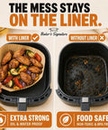 Hassle Free Air Fryer Liners Disposable Parchment Paper in basket with cooked wings and veggies beside a dirty basket.