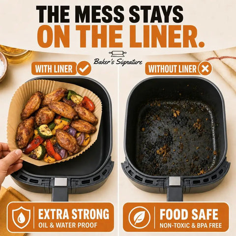 Hassle Free Air Fryer Liners Disposable Parchment Paper in basket with cooked wings and veggies beside a dirty basket.