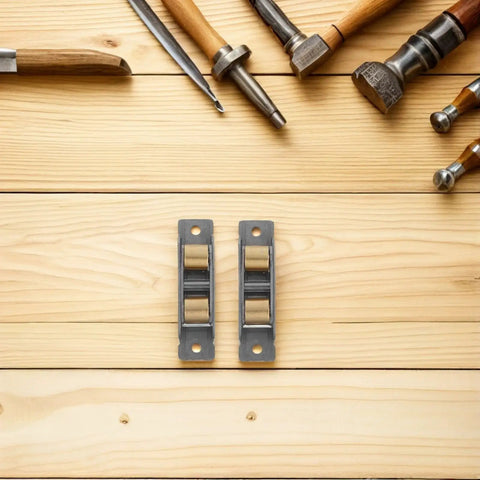 Rock Solid Heavy Duty Sliding Glass Door Rollers With Dual Ball Bearings High Load Capacity Smooth gliding rollers on wooden surface.