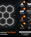 Hexagon Garage Light 168W 5 Grid LED Panel 6500K Cool White Ultra Bright Honeycomb Lighting with installation parts and dimensions