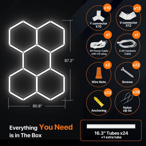 Hexagon Garage Light 168W 5 Grid LED Panel 6500K Cool White Ultra Bright Honeycomb Lighting with installation parts and dimensions