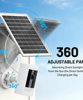2 In 1 Solar Panel Wall Mount For Outdoor Security Camera With 7W Solar Charger, showing adjustable angles and camera attachment.