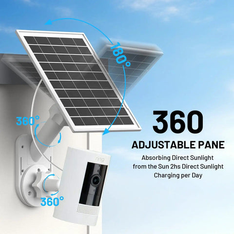 2 In 1 Solar Panel Wall Mount For Outdoor Security Camera With 7W Solar Charger, showing adjustable angles and camera attachment.