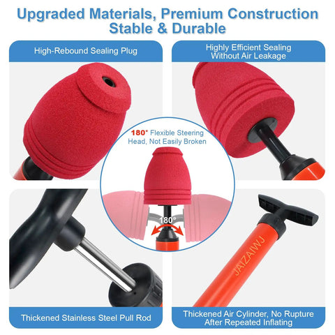 High Pressure Air Toilet Plunger With Flexible Drain Snake For Blasting Through Stubborn Bathroom And Kitchen Clogs - red foam sealing plug and stainless steel pull rod close-up.