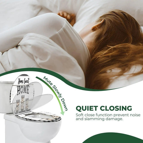 Elongated Toilet Seat Resin for Farmhouse Bathroom with quiet close feature displayed above a bed.