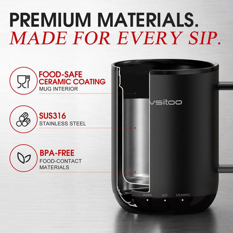 Smart Self Heating Coffee Mug With 14 Oz Size And Intelligent AI Heat Control showcasing food-safe ceramic coating and SUS316 stainless steel interior.