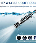 Endoscope Camera With Light And 4.3 Inch IPS Display, waterproof probe with LED light, shown underwater, IP67 rating.