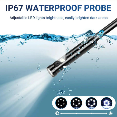 Endoscope Camera With Light And 4.3 Inch IPS Display, waterproof probe with LED light, shown underwater, IP67 rating.