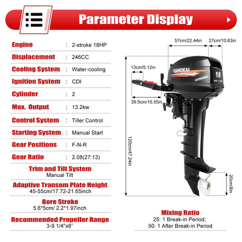 Nazeaob 2 Stroke 18HP Outboard Motor For Fishing Boats 246CC Heavy Duty Engine with CDI ignition, labeled components display