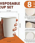 Hand holding 8 Oz Disposable Paper Coffee Cups, 100 Count, Leakproof White Cups For Hot Or Cold, with measurements and features.