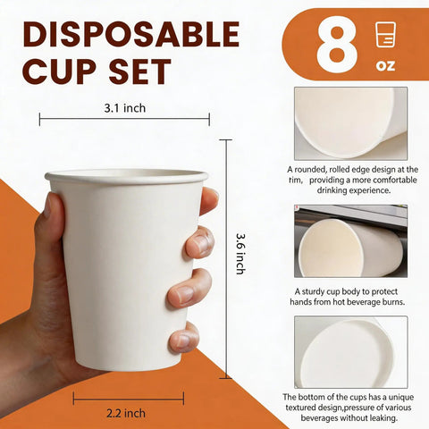 Hand holding 8 Oz Disposable Paper Coffee Cups, 100 Count, Leakproof White Cups For Hot Or Cold, with measurements and features.