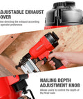 Pro Grade Pneumatic 16 Gauge Finish Nailer Kit With One Thousand Finish Nails Oil Free Design Depth Adjustment Dry Fire Lockout Straight Nail Gun For One And Quarter Inch To Two And Half Inch Nails with adjustable exhaust cover and depth adjustment demonstration.
