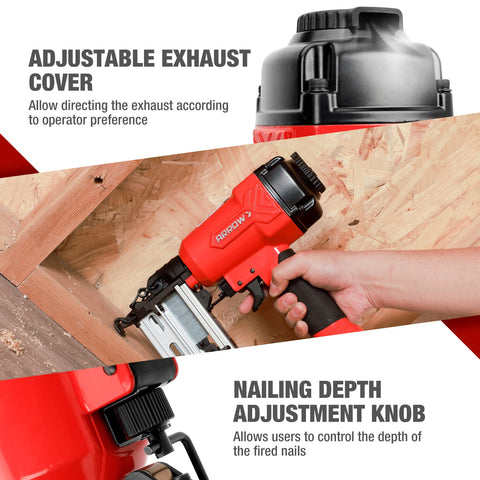 Pro Grade Pneumatic 16 Gauge Finish Nailer Kit With One Thousand Finish Nails Oil Free Design Depth Adjustment Dry Fire Lockout Straight Nail Gun For One And Quarter Inch To Two And Half Inch Nails with adjustable exhaust cover and depth adjustment demonstration.