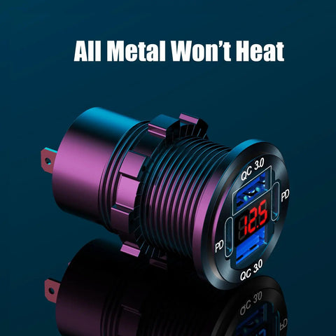 2 Pack 12V USB Outlet Car Charger Socket Pumping Out 78W Dual PD Type C And Dual Quick Charge 3.0 Juice in aluminum design with voltmeter.