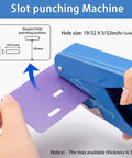 Handheld Badge Slot Punch for PVC ID Cards punching a card, shows 19/32 by 5/32 inch oval hole, all-metal construction, heavy-duty