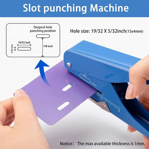 Handheld Badge Slot Punch for PVC ID Cards punching a card, shows 19/32 by 5/32 inch oval hole, all-metal construction, heavy-duty