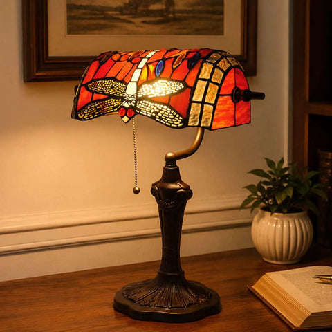 Dragonfly Tiffany Style Stained Glass Desk Lamp for Reading and Working, Banker Table Lamp With Adjustable Directional Light, Red Glass Accent, 10 Inch Wide By 16 Inch Tall, Bulb Not Included, Home Decor Vibe