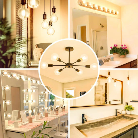 Collage of G25 LED Globe Bulbs 8 Pack 3000K Soft White With Filament Vintage Edison Look lighting in various home settings.