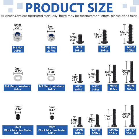 Universal RC Screw Kit 502 pcs with various screw and nut sizes, product size chart for Traxxas Axial Redcat HPI Arrma Losi models