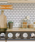 Thick 3.3mm Peel And Stick Subway Backsplash Tiles 12x12 White With Black Grout, 10 Sheet Pack, DIY kitchen application.
