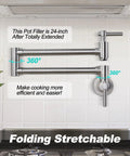 Brass Pot Filler Faucet Wall Mount, Brushed Nickel, Folding Stretchable Arm With Double Joint Swing displayed over stove