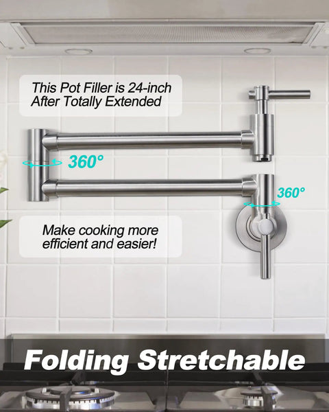 Brass Pot Filler Faucet Wall Mount, Brushed Nickel, Folding Stretchable Arm With Double Joint Swing displayed over stove