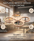 Natural Beech Wood STEM Drone with protective frame, showing key specs. Beginner Friendly Wooden Drone Kit With Beech Wood Frame And Protective Cage One Key Takeoff Quad To Learn STEM Flying Dope Hands On DIY Quadcopter For Teens And Makers