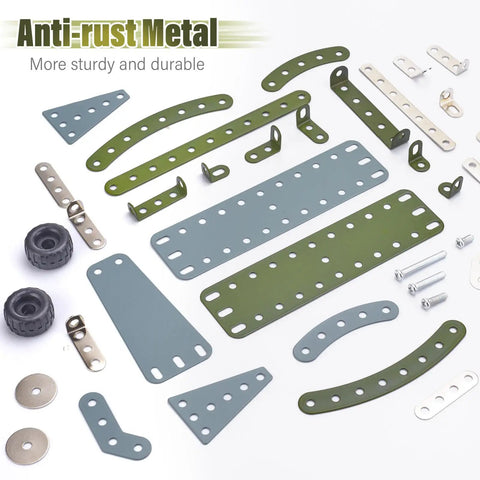 Metal pieces of 258 Piece Airplane Erector Set STEM Building Kit for kids and teens, showing durable construction parts.