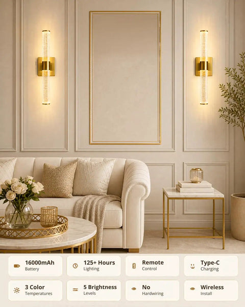 Two Pack Battery Operated Wall Sconces With 16000mAh Rechargeable Battery, gold finish, installed in living room.
