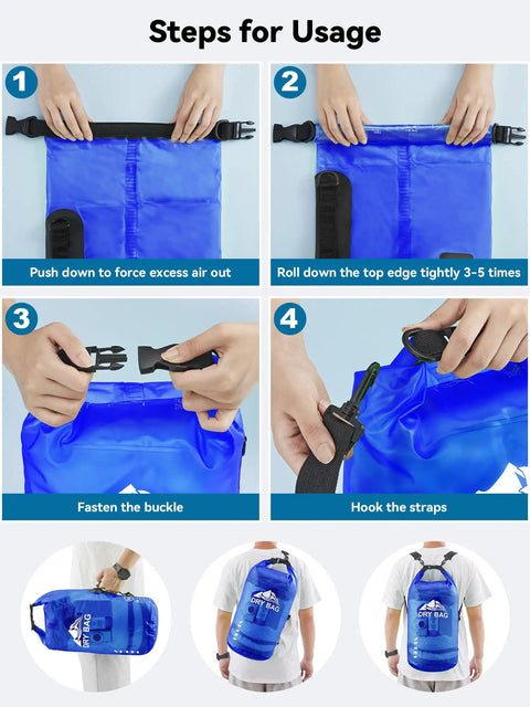 Instructions for using Waterproof Roll Top Dry Bag For Travel And Water Sports 30L With Phone Case Included Lightweight Backpack Navy Blue