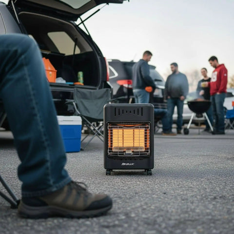 Portable Outdoor Propane Cabinet Heater With 6,000, 12,000, Or 18,000 BTU Settings used in a tailgating setup