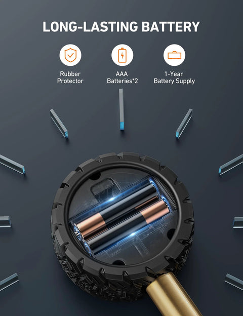AstroAI tire pressure gauge for cars with backlit LED; round black housing with exposed battery compartment showing two AAA cells.