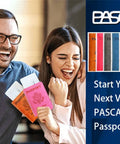 Two people holding Passport Holder Wallet With RFID Blocking Leather Card Case For Travel Essentials, various colors shown.