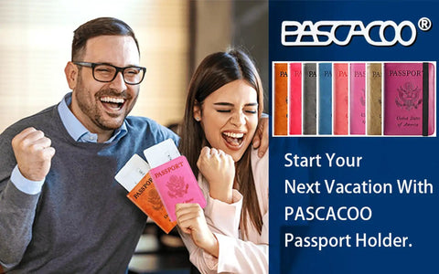 Two people holding Passport Holder Wallet With RFID Blocking Leather Card Case For Travel Essentials, various colors shown.