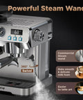 Everyday Home Barista Espresso Machine With Built In Grinder, 20 Bar Pressure For Rich Extraction, Temperature Control 194F To 203F, 68 Oz Water Tank, All In One Coffee Maker With Cold Brew showing steam wand feature