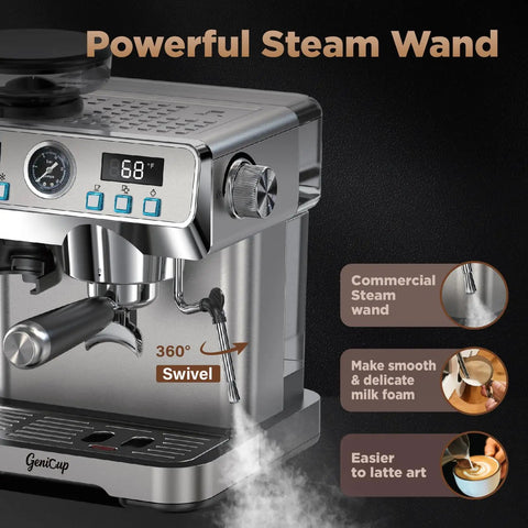 Everyday Home Barista Espresso Machine With Built In Grinder, 20 Bar Pressure For Rich Extraction, Temperature Control 194F To 203F, 68 Oz Water Tank, All In One Coffee Maker With Cold Brew showing steam wand feature