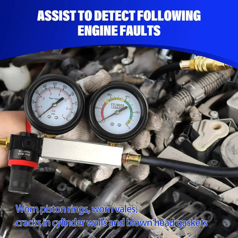Gnhydxfe TU-21 engine cylinder leak-down tester kit, front view with dual gauges and hoses in engine bay