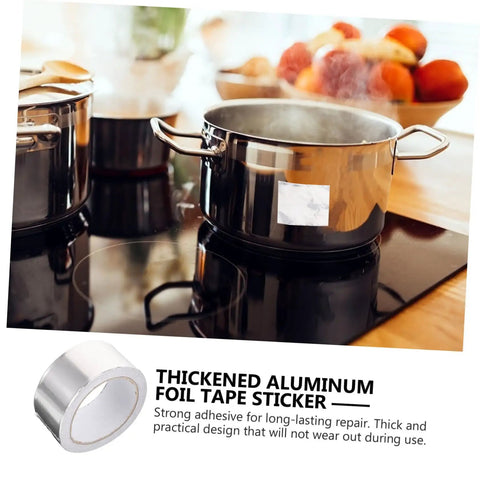 Thickened aluminum foil tape sticker on saucepan for sealing leaks, displayed with strong adhesive and durable build description.