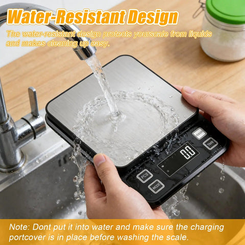 Waterproof Kitchen Scale With 0.1g Precision, 10kg/22lb Digital Food Scale In Stainless Steel With Backlit Display under running water