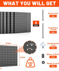 Image showing contents of Heavy Duty Black Metal Pegboard Panels Set, 6 Pack 12 By 12 Inch Wall Organizer with screws and anchors.