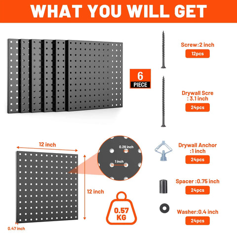 Image showing contents of Heavy Duty Black Metal Pegboard Panels Set, 6 Pack 12 By 12 Inch Wall Organizer with screws and anchors.